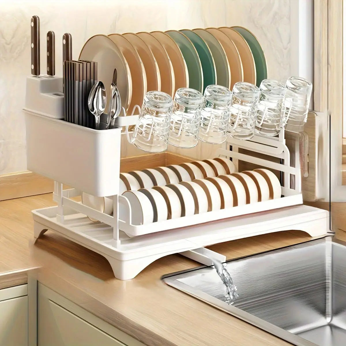 Dish Drying Rack, 2 Tier Dish Racks for Kitchen Counter, Large Drying Rack with Drainboard, Rustproof Dish Drainer Organizer