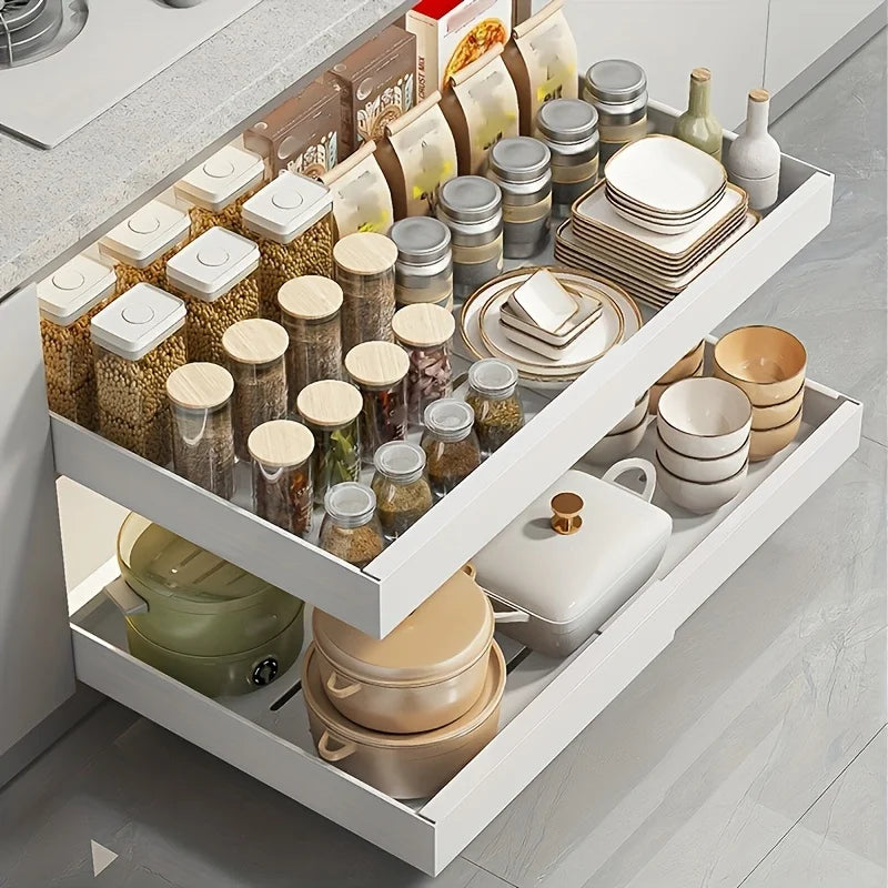 Kitchen Storage Rack with Slide Rails Pull-out Kitchen Drawer Type Storage Tray Spice Box Storage Shelf Cabinets Basket Tools