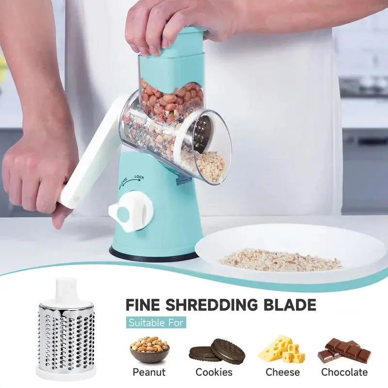 Rotary Cheese Grater, Cheese Grater Hand Crank with 3 Interchangeable Blades, Manual Cheese Shredder with Strong Suction Base