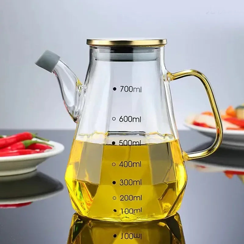 JUSTINLAU Glass Oil Pots 500/700/900ml Leak Proof Diamond Oil Bottle with Scale/Lid Kitchen Soy Sauce Vinegar Condiment Storage