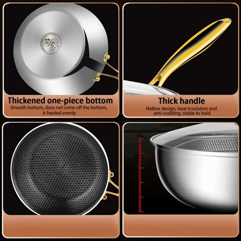 316 stainless steel flat-bottomed pan, non-stick cookware, no coating, griddle pan, deep-frying egg and pancake pot, honeycomb