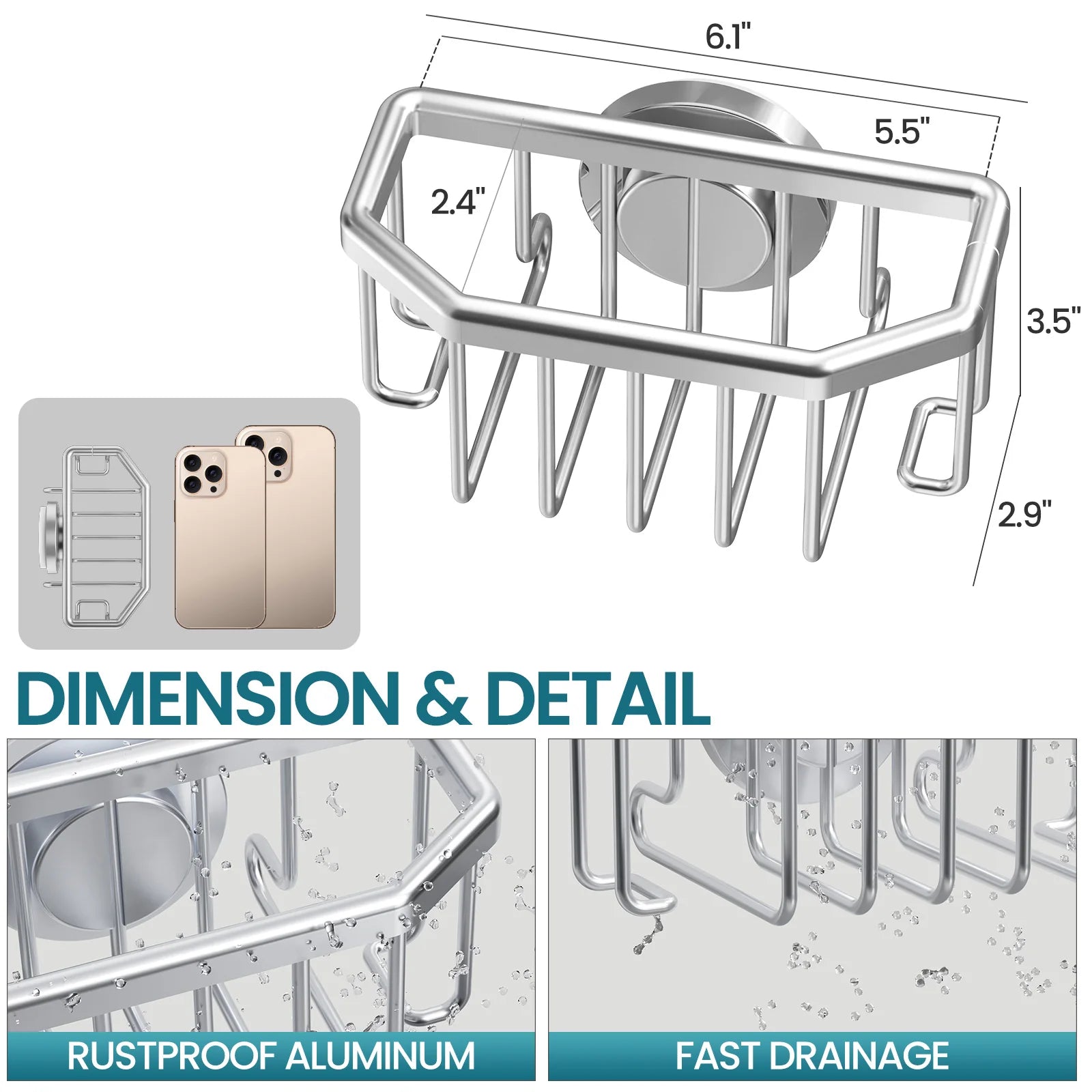 TAILI Sponge Holder with Strong Suction Cup, Dish Sponge Caddy Inside Sink Removable, Rustproof Aluminum for Sponges, Brushes