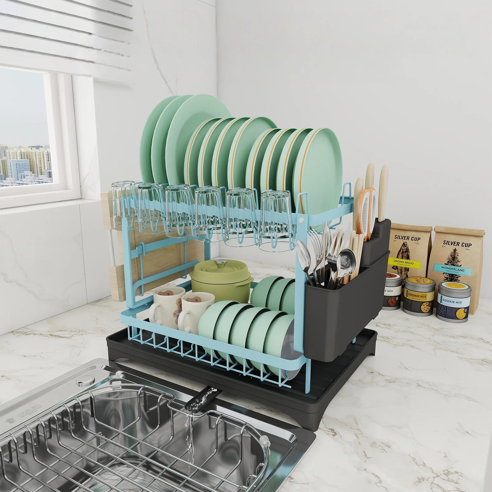 Dish Drying Rack, 2 Tier Dish Racks for Kitchen Counter, Large Drying Rack with Drainboard, Rustproof Dish Drainer Organizer