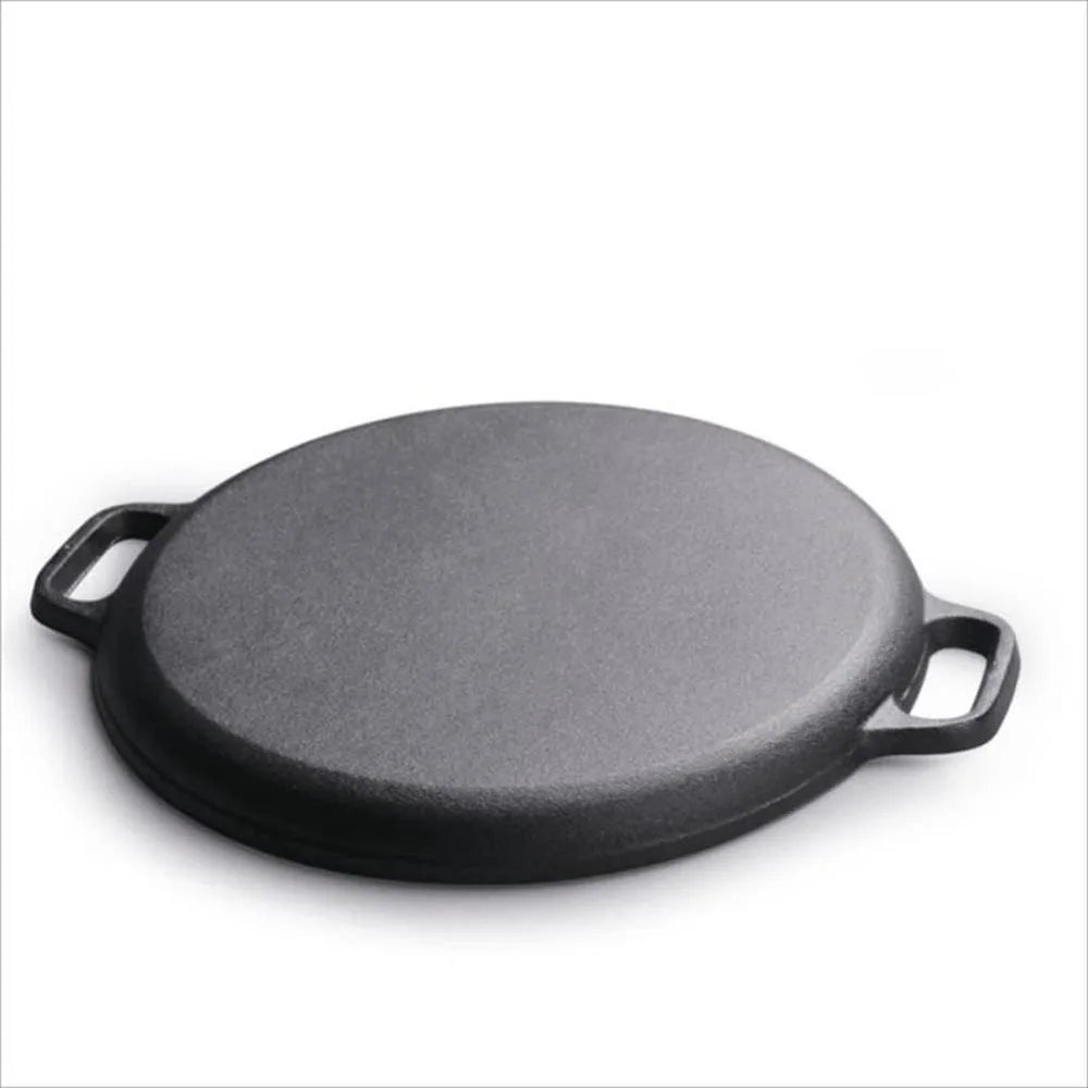 Round Cast Iron Frying Pan Double Handle Grill Pancake Pizza Pan Multipurpose Cooking Pan for BBQ Camping Kitchen Supplies