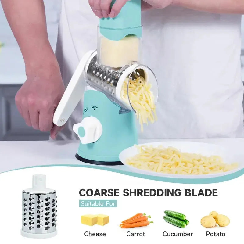 Rotary Cheese Grater, Cheese Grater Hand Crank with 3 Interchangeable Blades, Manual Cheese Shredder with Strong Suction Base