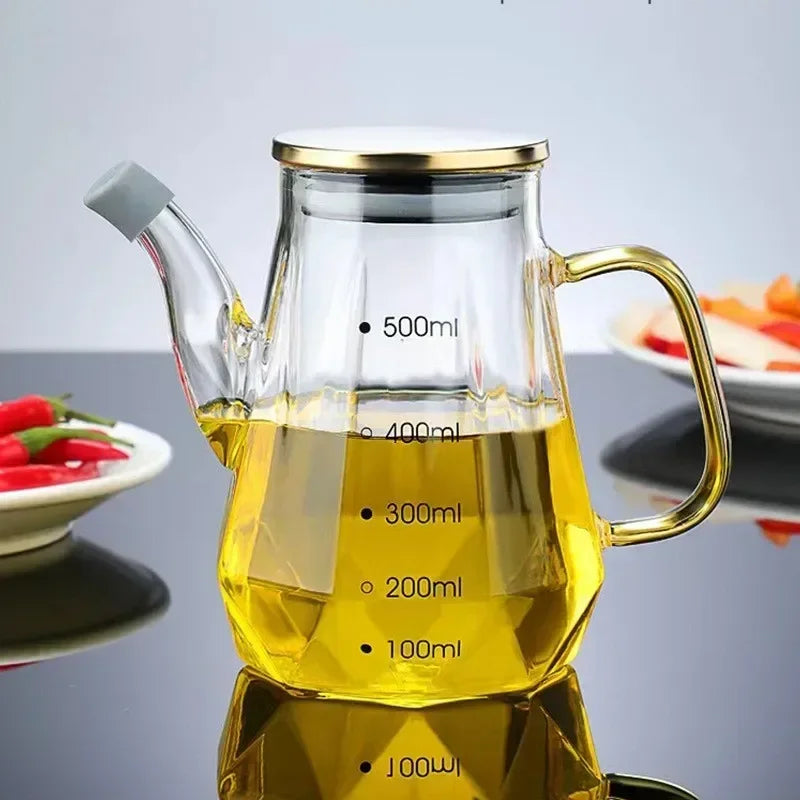 JUSTINLAU Glass Oil Pots 500/700/900ml Leak Proof Diamond Oil Bottle with Scale/Lid Kitchen Soy Sauce Vinegar Condiment Storage