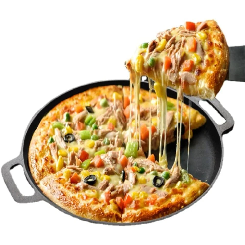 Round Cast Iron Frying Pan Double Handle Grill Pancake Pizza Pan Multipurpose Cooking Pan for BBQ Camping Kitchen Supplies