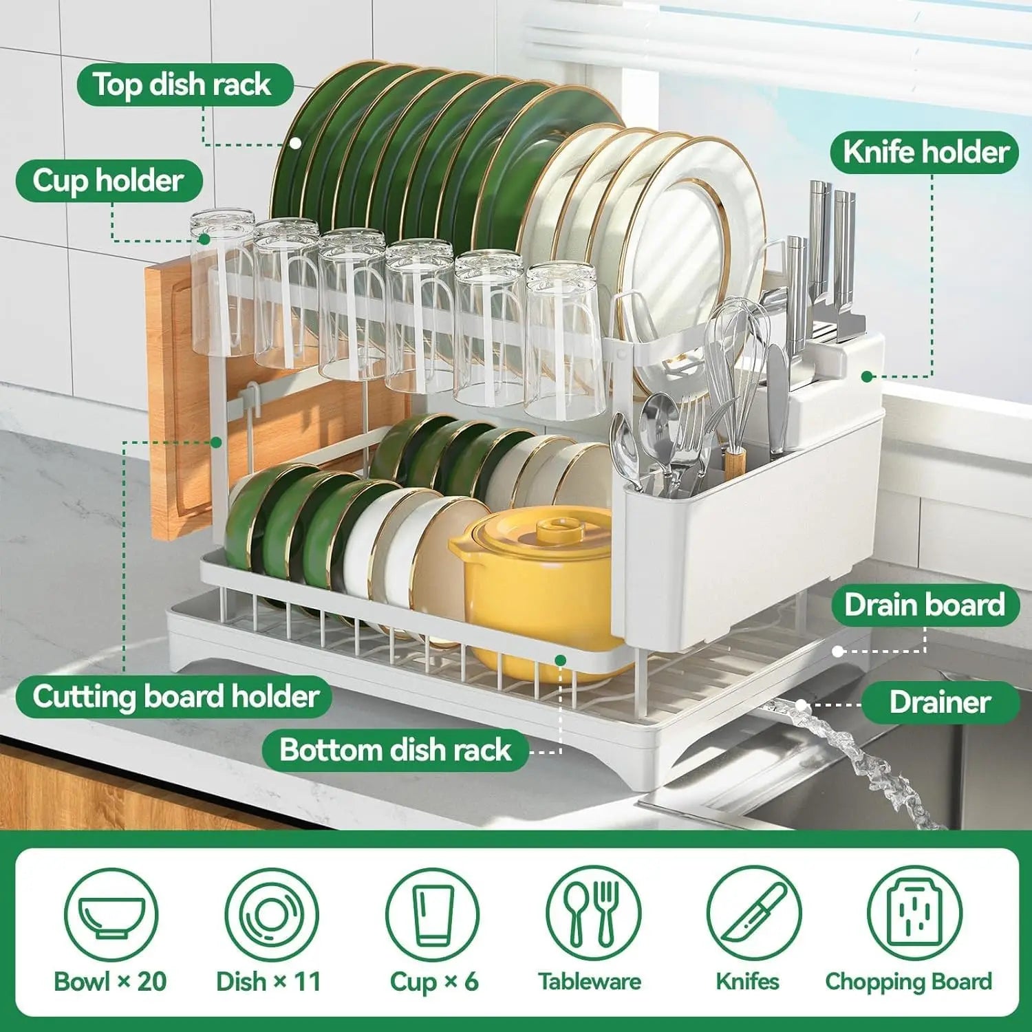 Dish Drying Rack, 2 Tier Dish Racks for Kitchen Counter, Large Drying Rack with Drainboard, Rustproof Dish Drainer Organizer