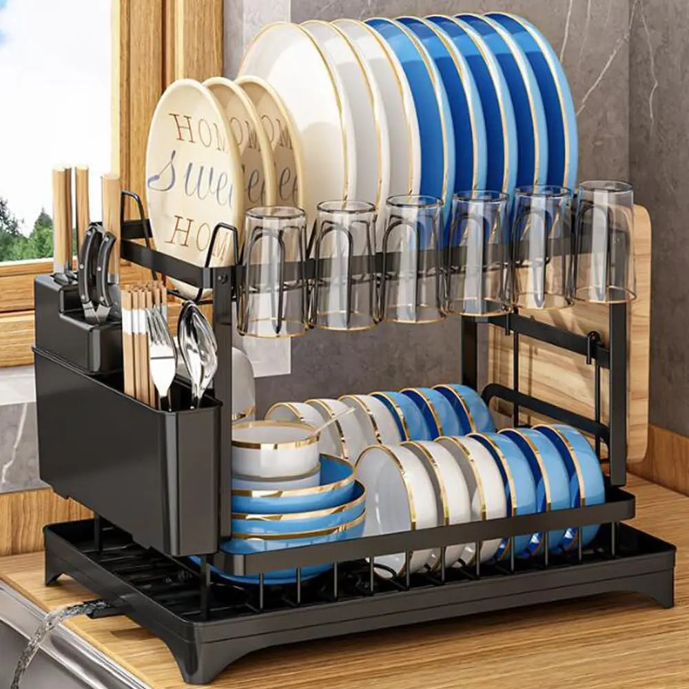 Dish Drying Rack, 2 Tier Dish Racks for Kitchen Counter, Large Drying Rack with Drainboard, Rustproof Dish Drainer Organizer