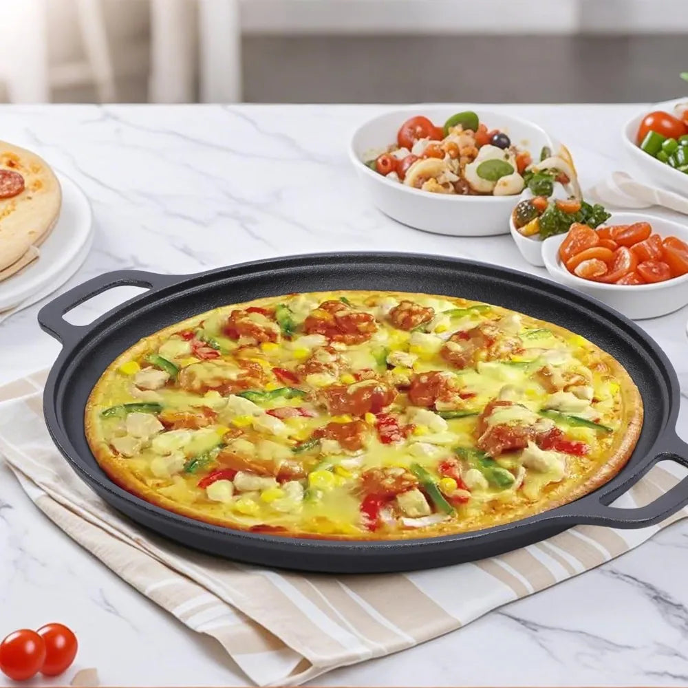 Round Cast Iron Frying Pan Double Handle Grill Pancake Pizza Pan Multipurpose Cooking Pan for BBQ Camping Kitchen Supplies