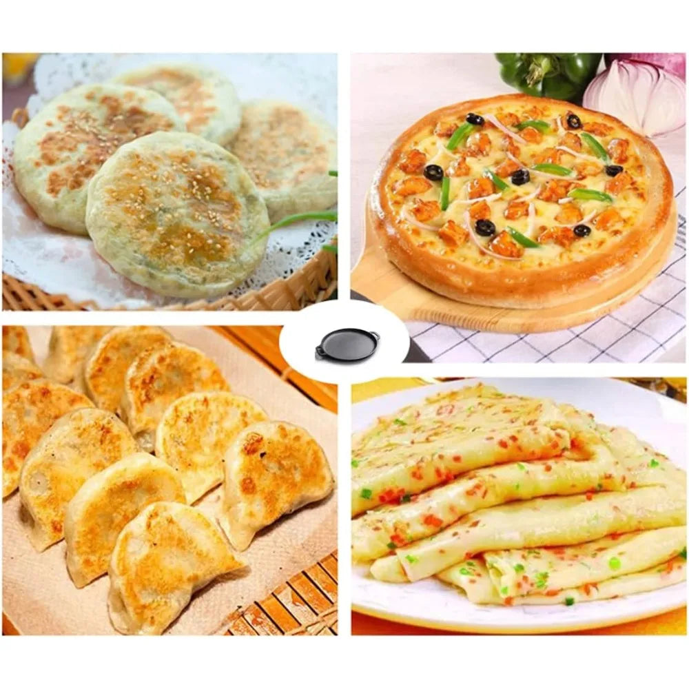 Round Cast Iron Frying Pan Double Handle Grill Pancake Pizza Pan Multipurpose Cooking Pan for BBQ Camping Kitchen Supplies