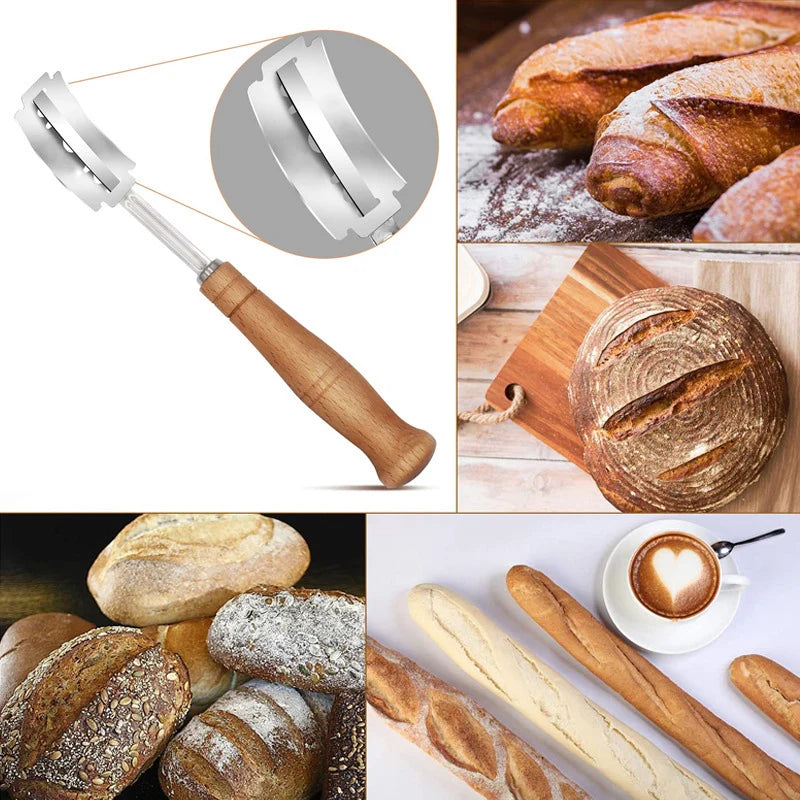 Bakers dough Bread Pastry Cutter with 5 Blades Toast Curved Baguette Bread Knife Wooden Handle Baking Accessory Pastry Spatulas