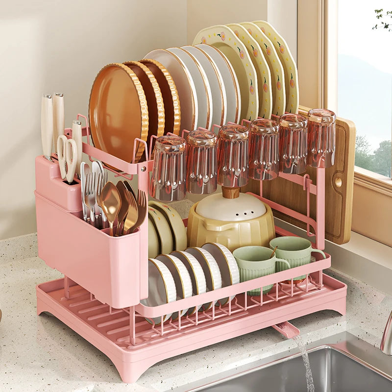 Dish Drying Rack, 2 Tier Dish Racks for Kitchen Counter, Large Drying Rack with Drainboard, Rustproof Dish Drainer Organizer