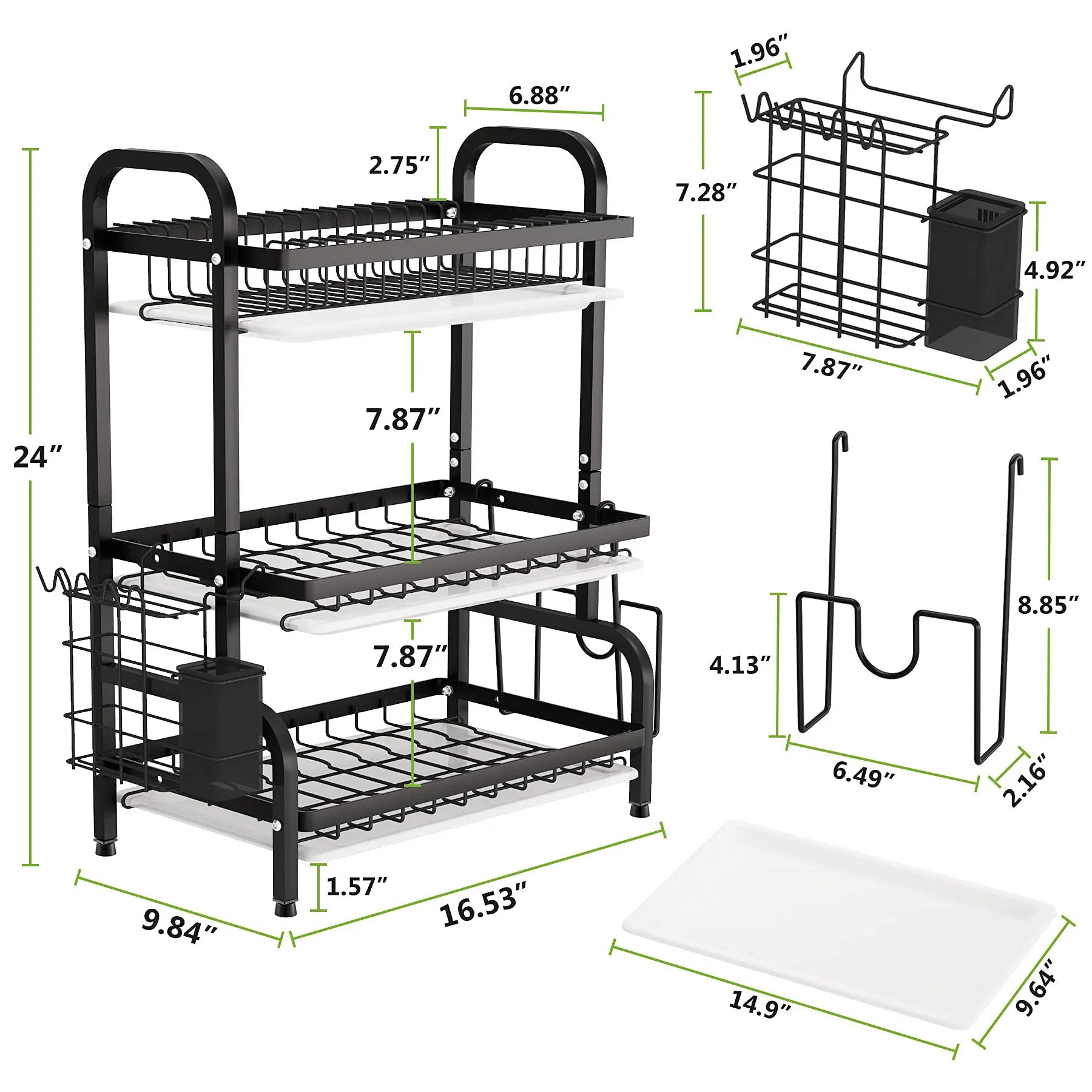 3 Tier Dish Drying Rack with Tray Utensil Holder,with Cutting Board Holder Drainboard Tray for Kitchen Counter Organizer Storage