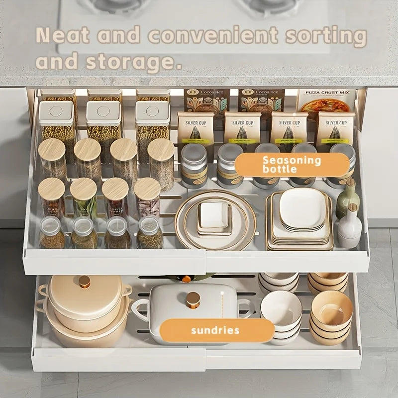 Kitchen Storage Rack with Slide Rails Pull-out Kitchen Drawer Type Storage Tray Spice Box Storage Shelf Cabinets Basket Tools