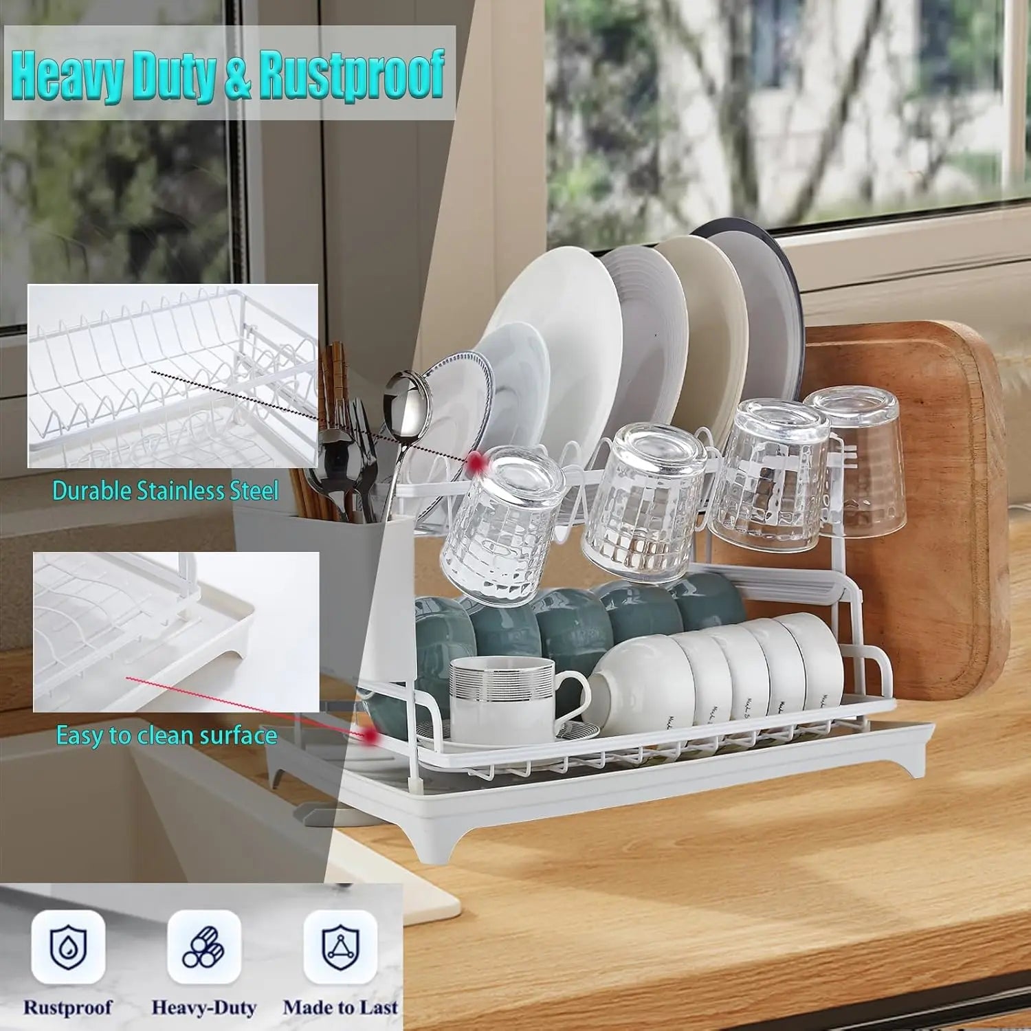 Dish Drying Rack, 2 Tier Dish Racks for Kitchen Counter, Large Drying Rack with Drainboard, Rustproof Dish Drainer Organizer