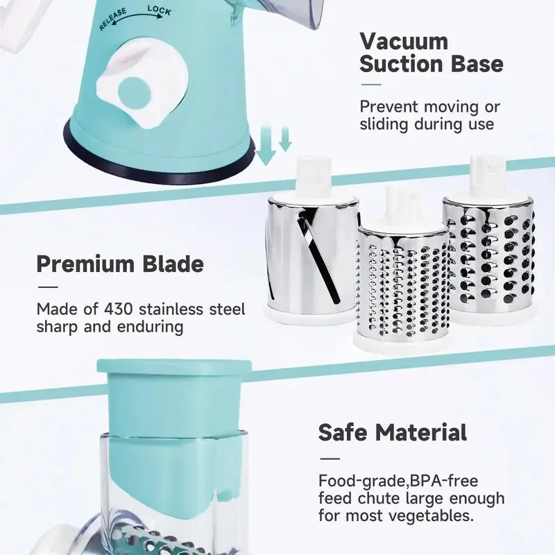 Rotary Cheese Grater, Cheese Grater Hand Crank with 3 Interchangeable Blades, Manual Cheese Shredder with Strong Suction Base