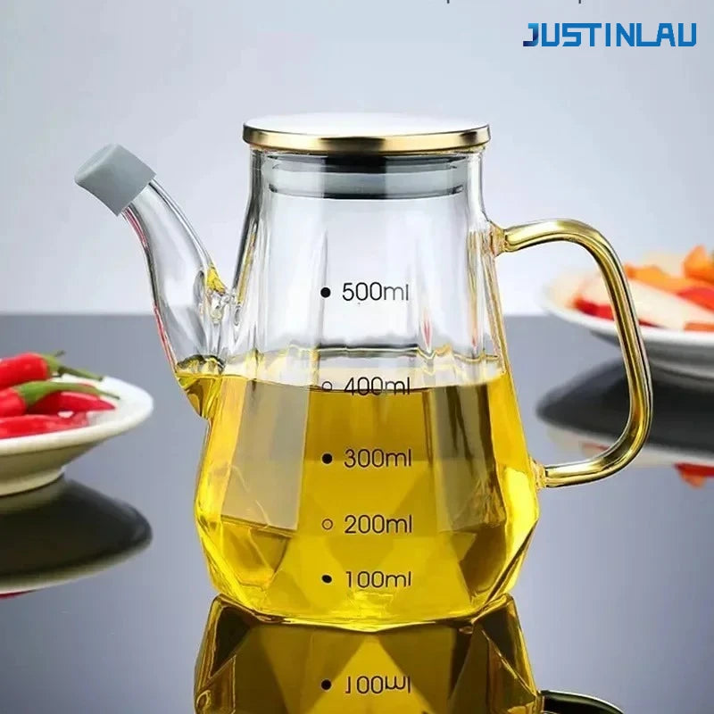 JUSTINLAU Glass Oil Pots 500/700/900ml Leak Proof Diamond Oil Bottle with Scale/Lid Kitchen Soy Sauce Vinegar Condiment Storage