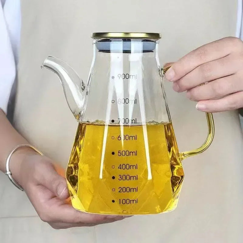 JUSTINLAU Glass Oil Pots 500/700/900ml Leak Proof Diamond Oil Bottle with Scale/Lid Kitchen Soy Sauce Vinegar Condiment Storage