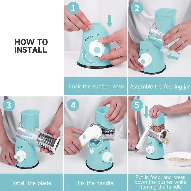 Rotary Cheese Grater, Cheese Grater Hand Crank with 3 Interchangeable Blades, Manual Cheese Shredder with Strong Suction Base