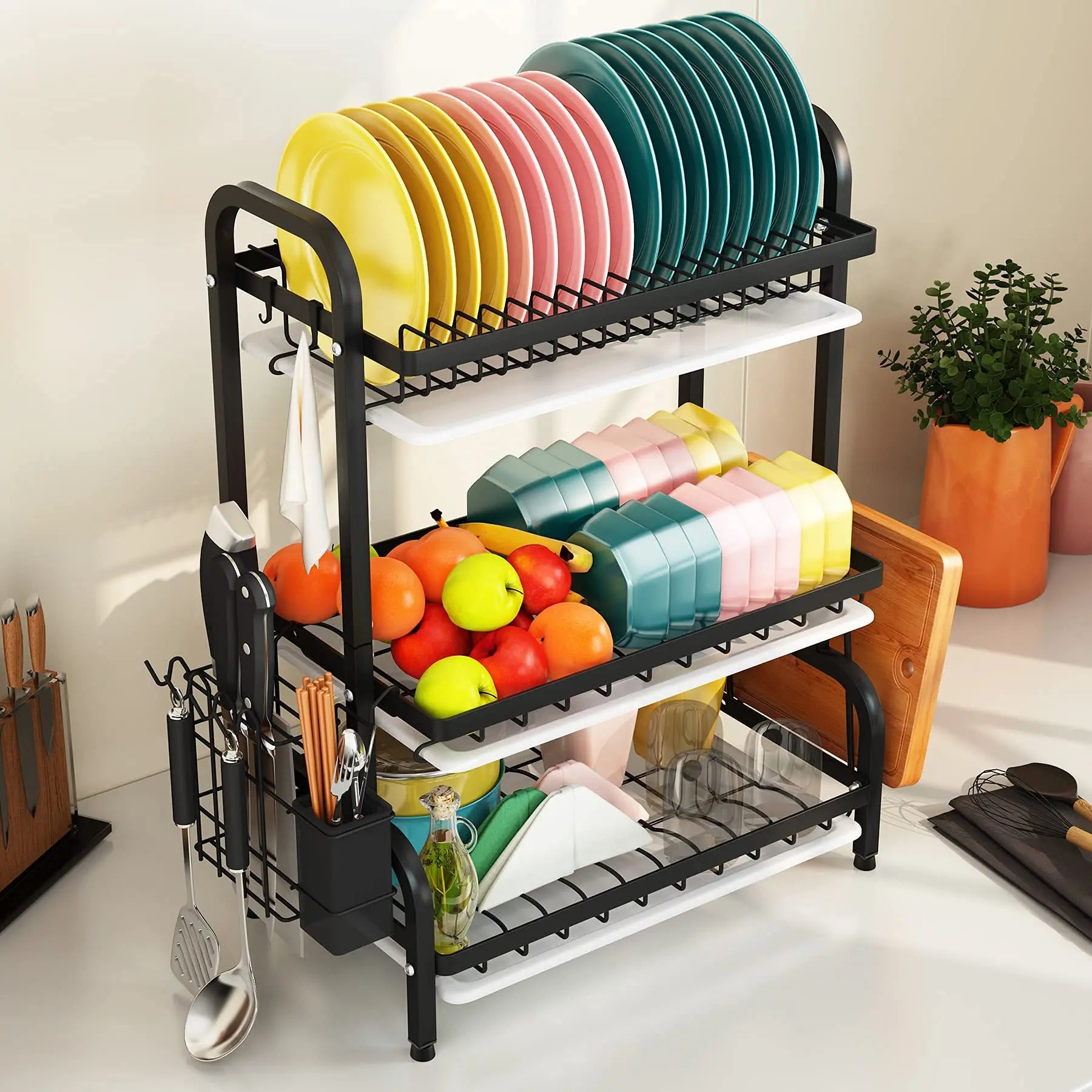 3 Tier Dish Drying Rack with Tray Utensil Holder,with Cutting Board Holder Drainboard Tray for Kitchen Counter Organizer Storage