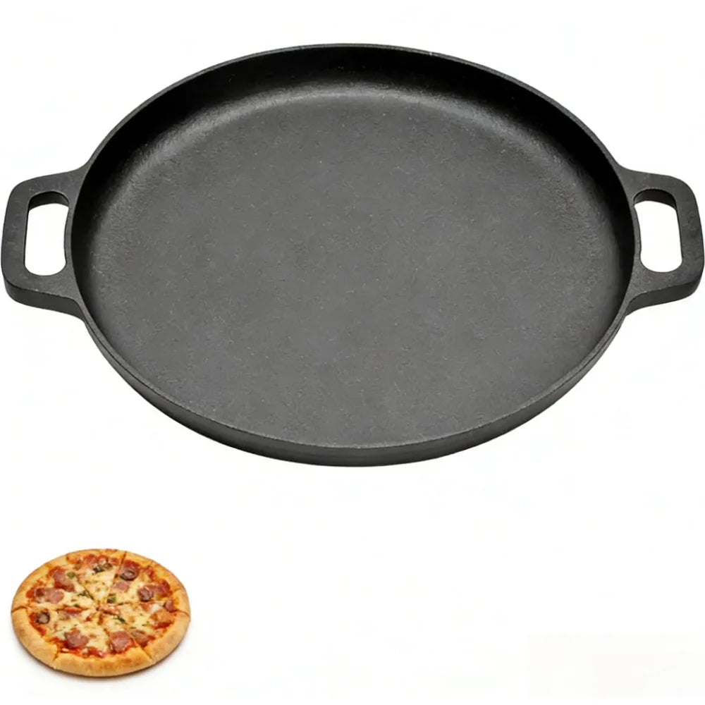 Round Cast Iron Frying Pan Double Handle Grill Pancake Pizza Pan Multipurpose Cooking Pan for BBQ Camping Kitchen Supplies